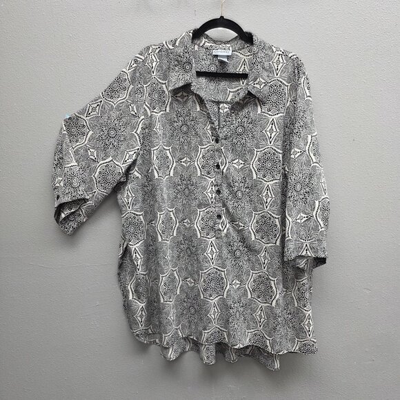 Catherines Shirt Womens 3X Black White Geometric Button Front Roll Tab Tunic - Picture 1 of 11